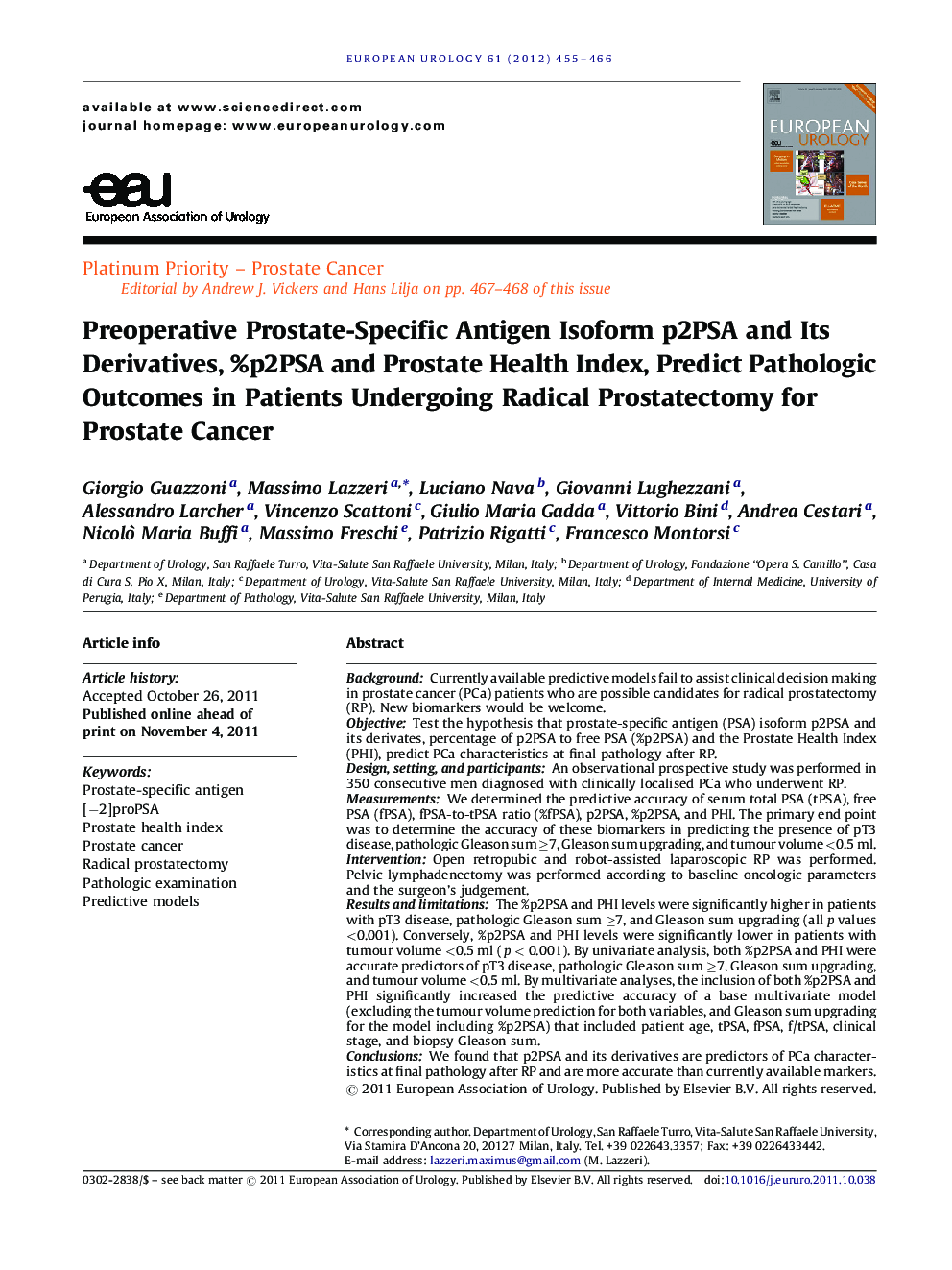 Preoperative Prostate-Specific Antigen Isoform p2PSA and Its Derivatives, %p2PSA and Prostate Health Index, Predict Pathologic Outcomes in Patients Undergoing Radical Prostatectomy for Prostate Cancer