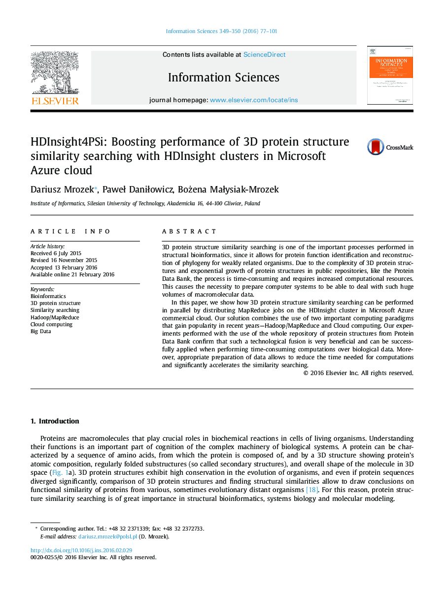 HDInsight4PSi: Boosting performance of 3D protein structure similarity searching with HDInsight clusters in Microsoft Azure cloud