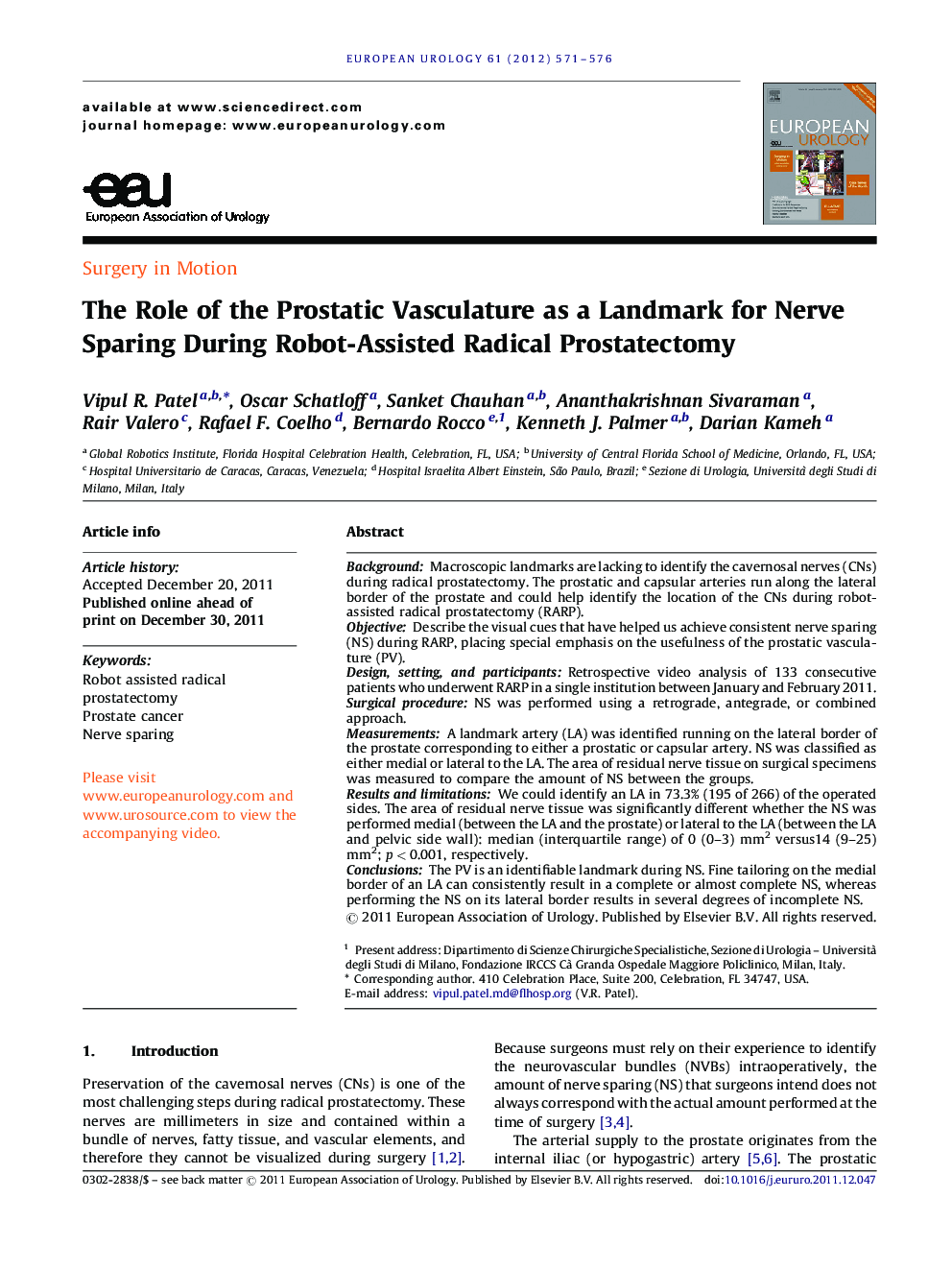 The Role of the Prostatic Vasculature as a Landmark for Nerve Sparing During Robot-Assisted Radical Prostatectomy