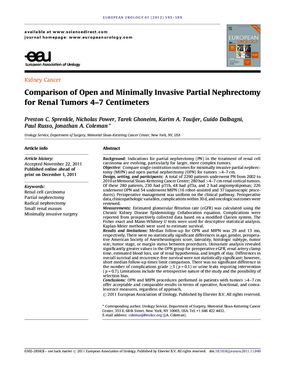 Comparison of Open and Minimally Invasive Partial Nephrectomy for Renal Tumors 4–7 Centimeters