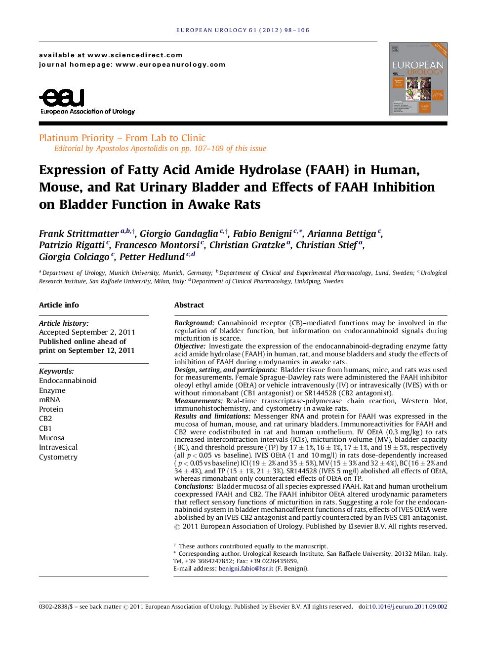 Expression of Fatty Acid Amide Hydrolase (FAAH) in Human, Mouse, and Rat Urinary Bladder and Effects of FAAH Inhibition on Bladder Function in Awake Rats