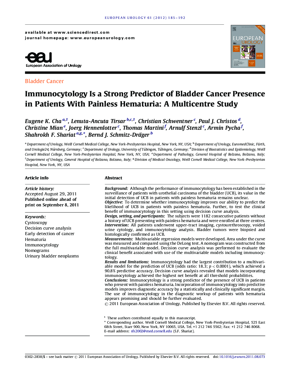 Immunocytology Is a Strong Predictor of Bladder Cancer Presence in Patients With Painless Hematuria: A Multicentre Study