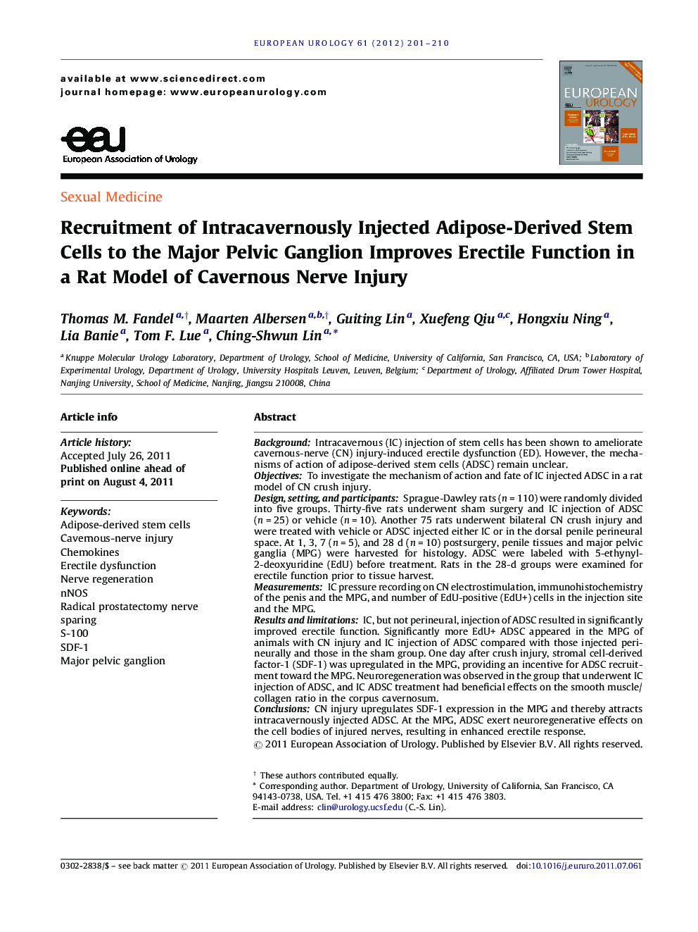 Recruitment of Intracavernously Injected Adipose-Derived Stem Cells to the Major Pelvic Ganglion Improves Erectile Function in a Rat Model of Cavernous Nerve Injury