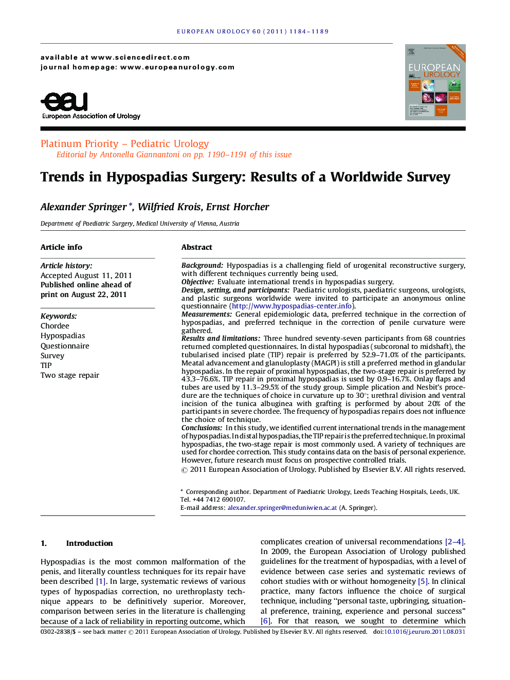 Trends in Hypospadias Surgery: Results of a Worldwide Survey