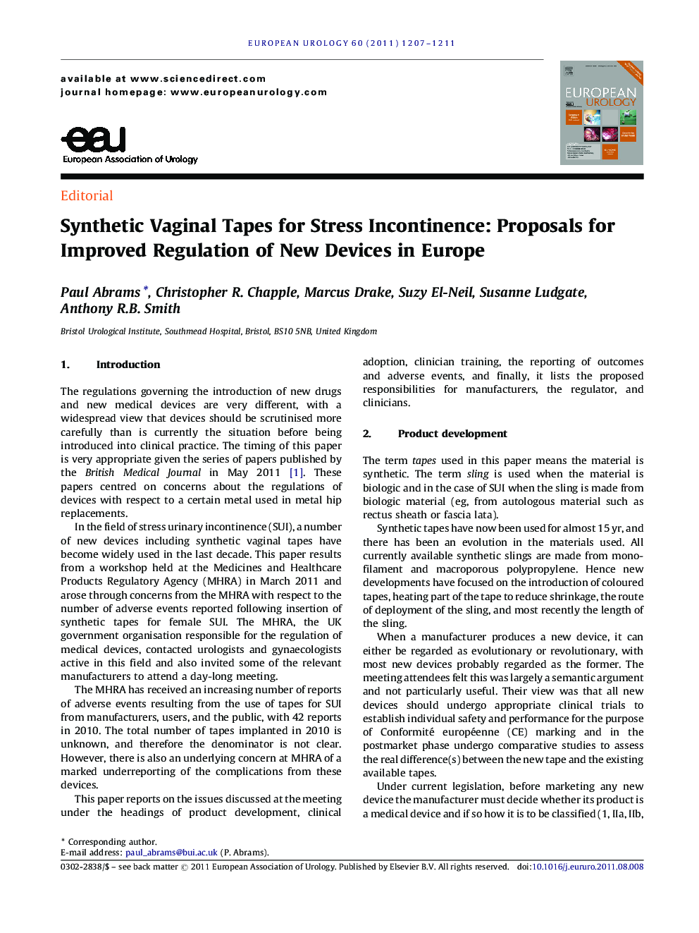 Synthetic Vaginal Tapes for Stress Incontinence: Proposals for Improved Regulation of New Devices in Europe