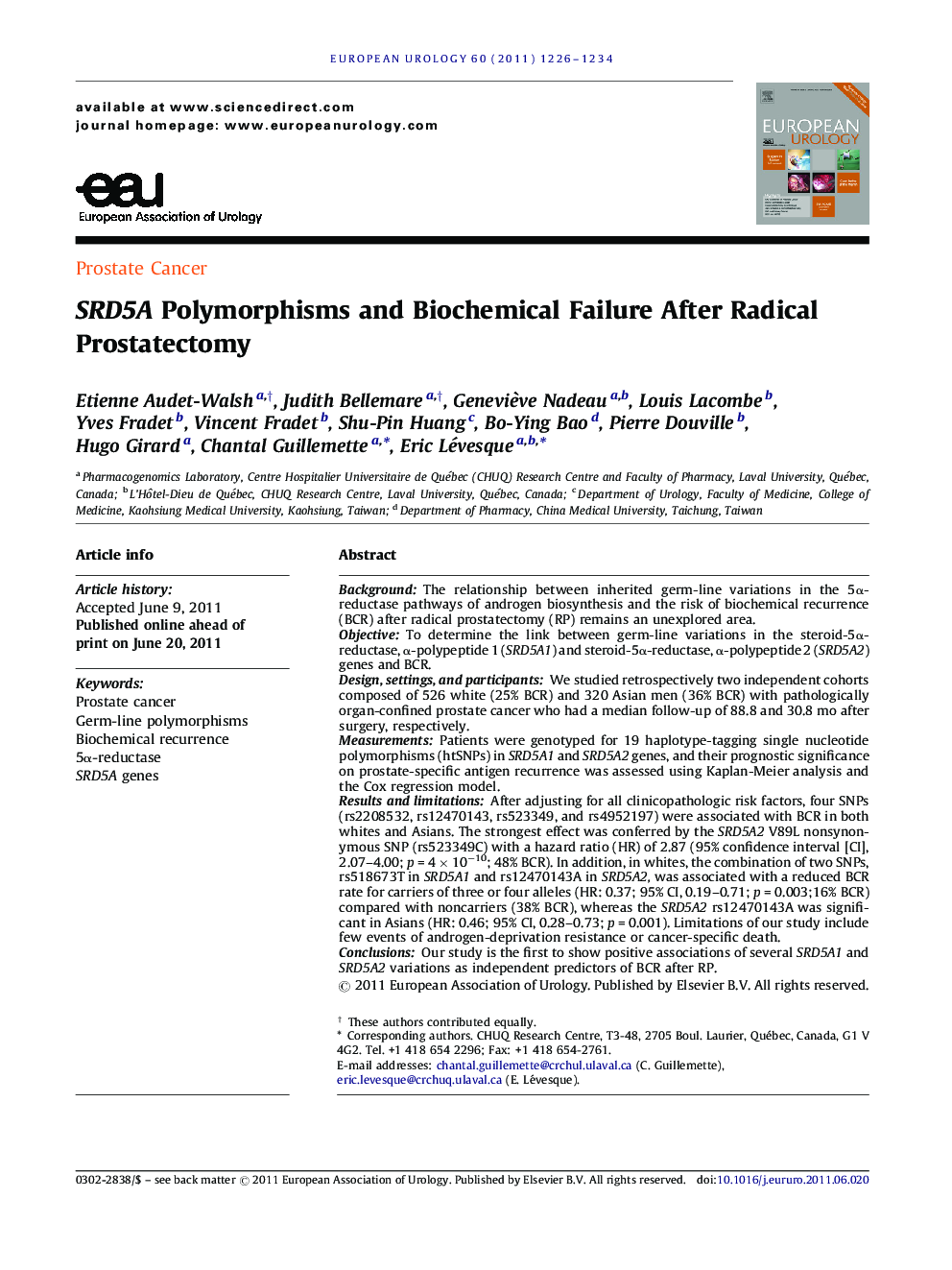 SRD5A Polymorphisms and Biochemical Failure After Radical Prostatectomy