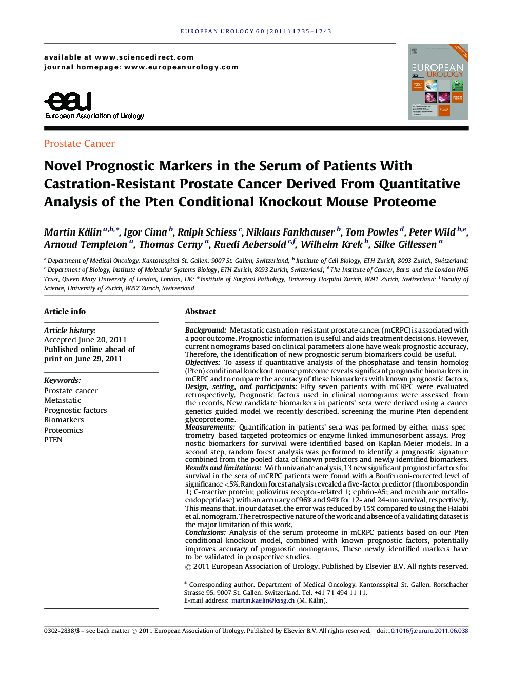 Novel Prognostic Markers in the Serum of Patients With Castration-Resistant Prostate Cancer Derived From Quantitative Analysis of the Pten Conditional Knockout Mouse Proteome