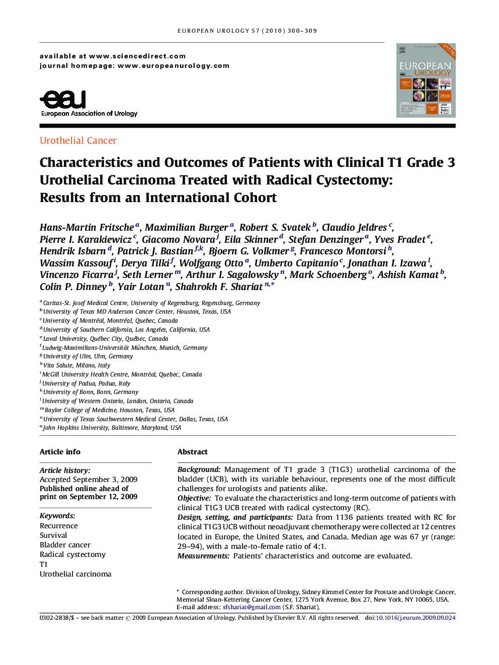 Characteristics and Outcomes of Patients with Clinical T1 Grade 3 Urothelial Carcinoma Treated with Radical Cystectomy: Results from an International Cohort