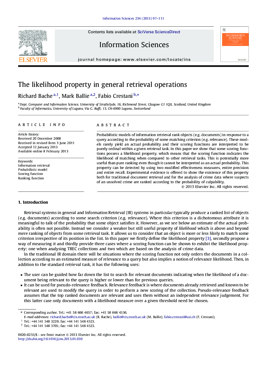 The likelihood property in general retrieval operations