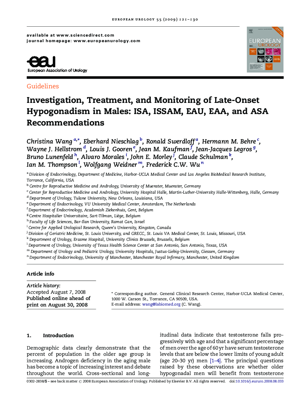 عکس صفحه اول مقاله: Investigation, Treatment, and Monitoring of Late-Onset Hypogonadism in Males: ISA, ISSAM, EAU, EAA, and ASA Recommendations Investigation, Treatment, and Monitoring of Late-Onset Hypogonadism in Males: ISA, ISSAM, EAU, EAA, and ASA Recommendations
