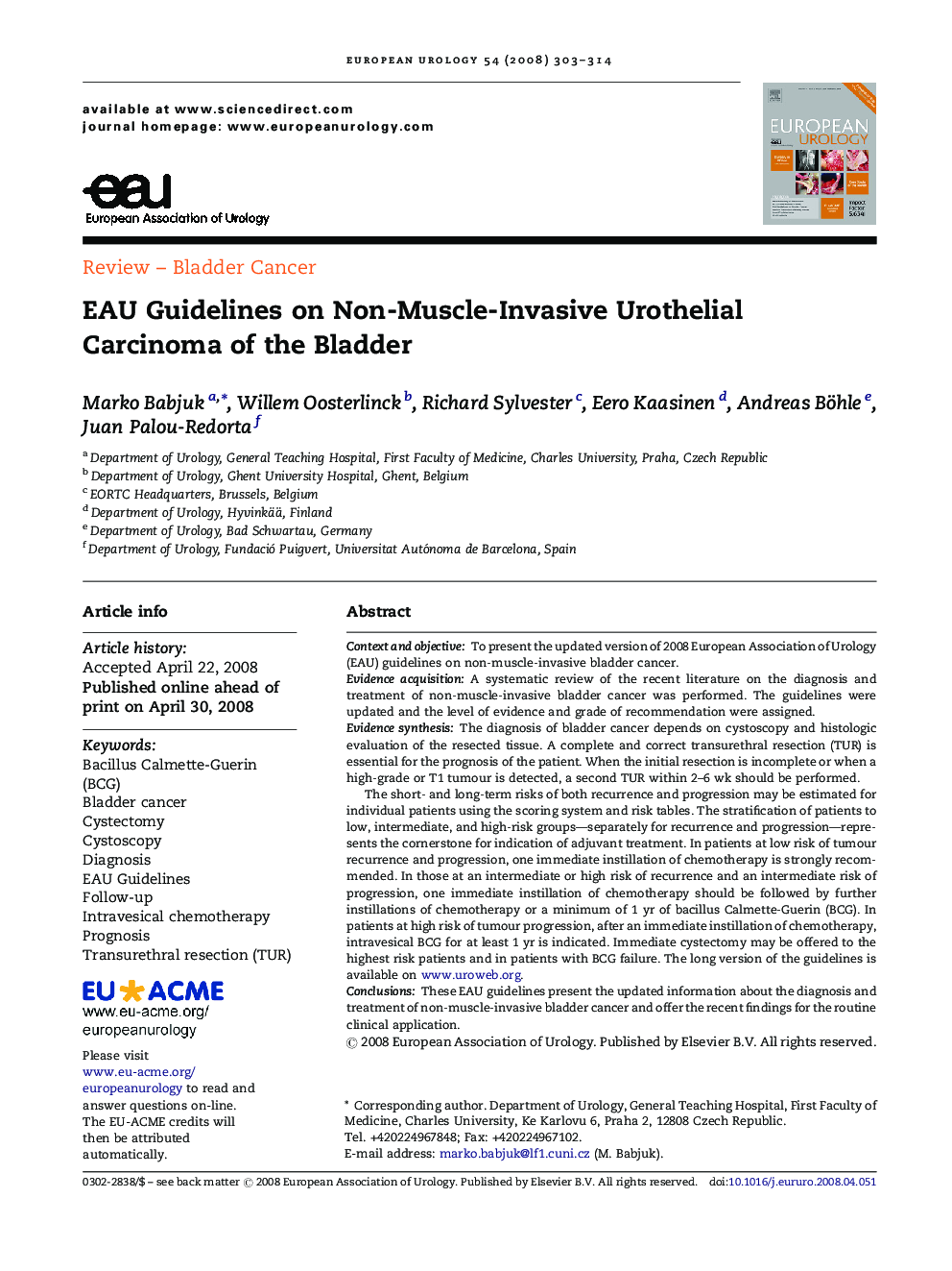 EAU Guidelines on Non-Muscle-Invasive Urothelial Carcinoma of the Bladder 