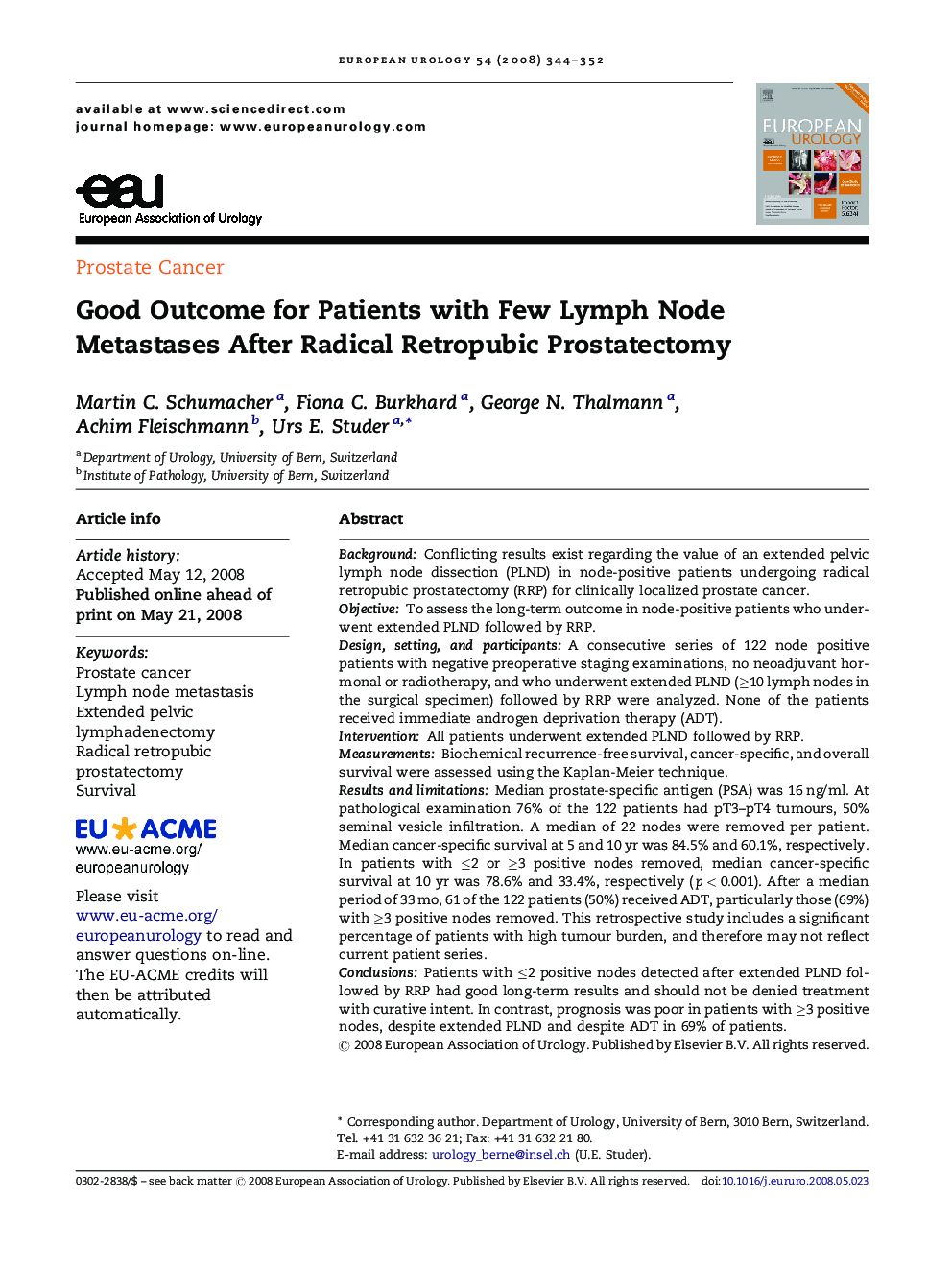 Good Outcome for Patients with Few Lymph Node Metastases After Radical Retropubic Prostatectomy 