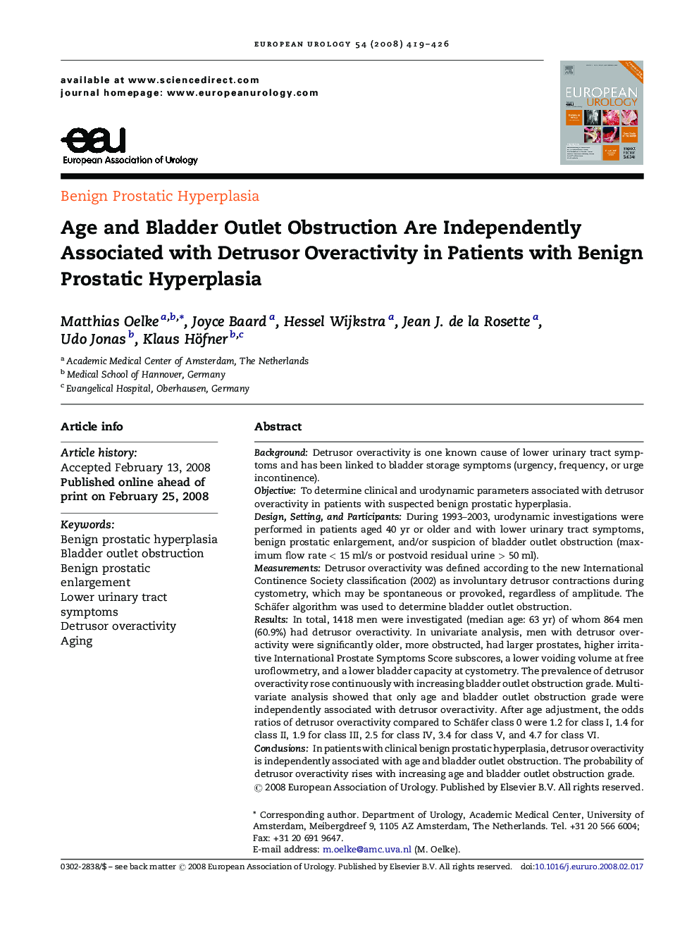 Age and Bladder Outlet Obstruction Are Independently Associated with Detrusor Overactivity in Patients with Benign Prostatic Hyperplasia