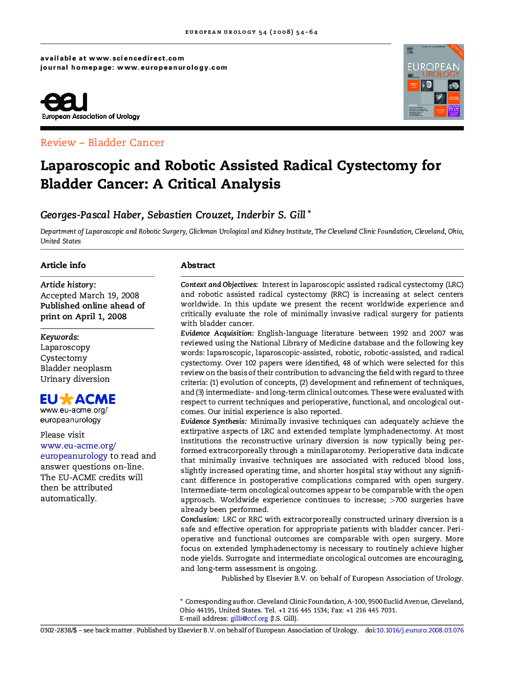 Laparoscopic and Robotic Assisted Radical Cystectomy for Bladder Cancer: A Critical Analysis 