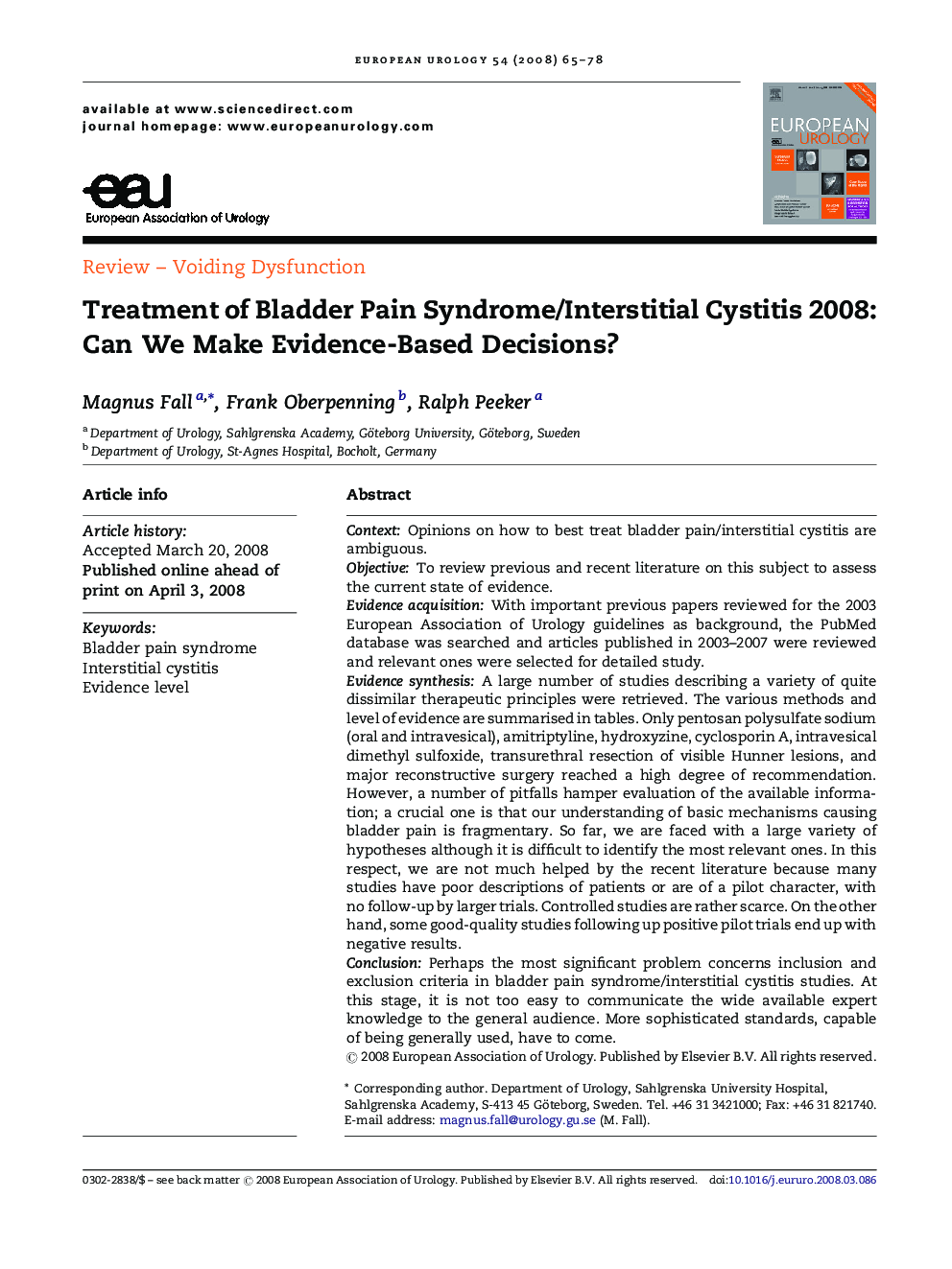 Treatment of Bladder Pain Syndrome/Interstitial Cystitis 2008: Can We Make Evidence-Based Decisions?