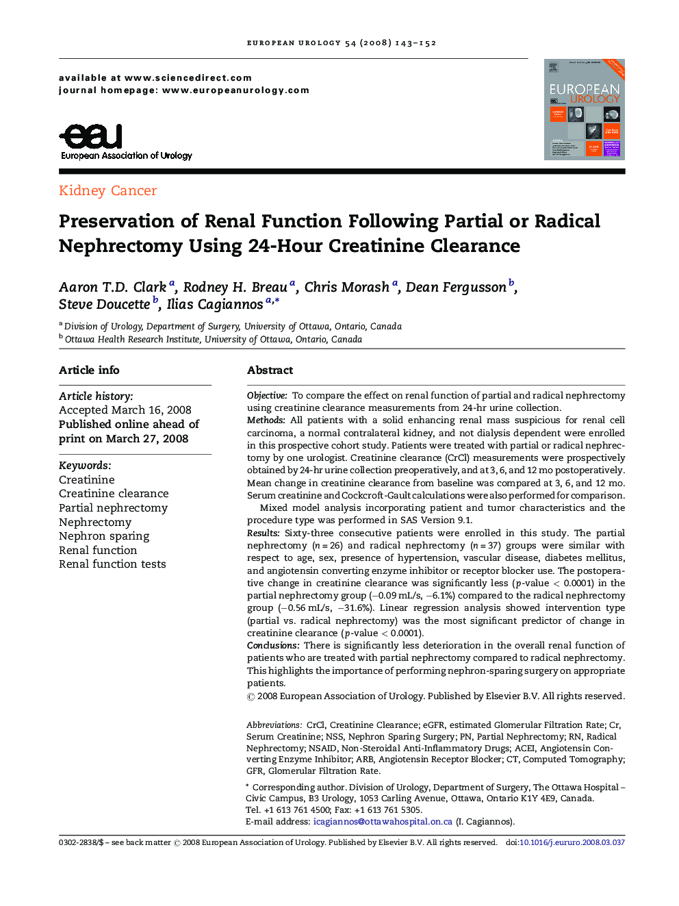 Preservation of Renal Function Following Partial or Radical Nephrectomy Using 24-Hour Creatinine Clearance