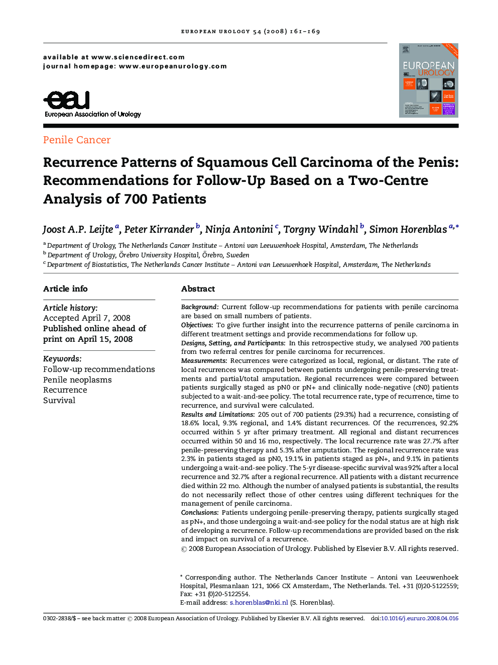 Recurrence Patterns of Squamous Cell Carcinoma of the Penis: Recommendations for Follow-Up Based on a Two-Centre Analysis of 700 Patients