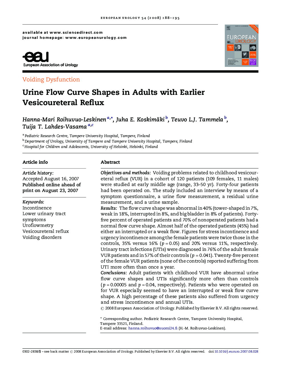 Urine Flow Curve Shapes in Adults with Earlier Vesicoureteral Reflux