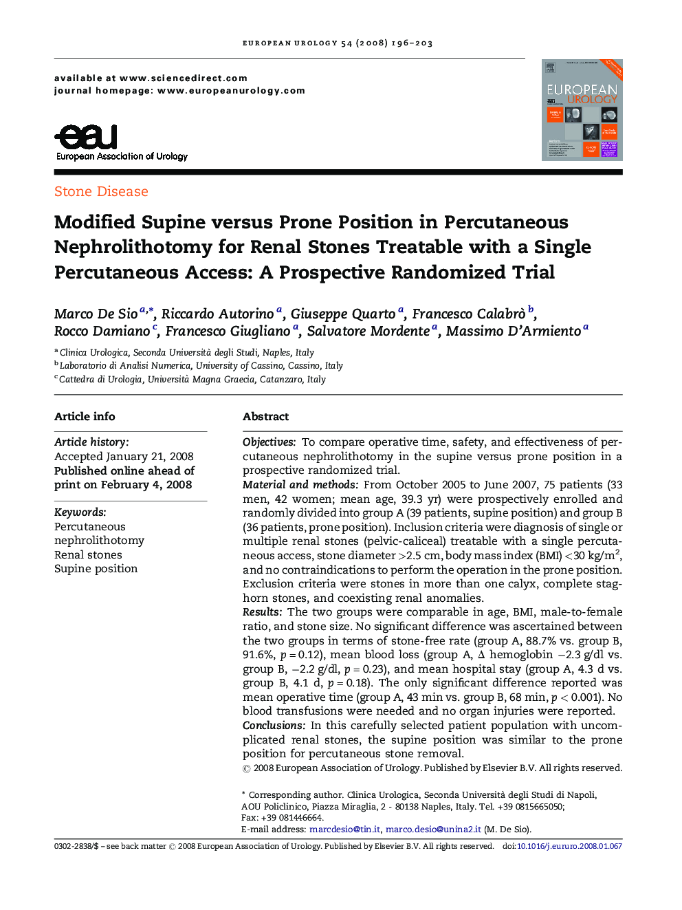 Modified Supine versus Prone Position in Percutaneous Nephrolithotomy for Renal Stones Treatable with a Single Percutaneous Access: A Prospective Randomized Trial