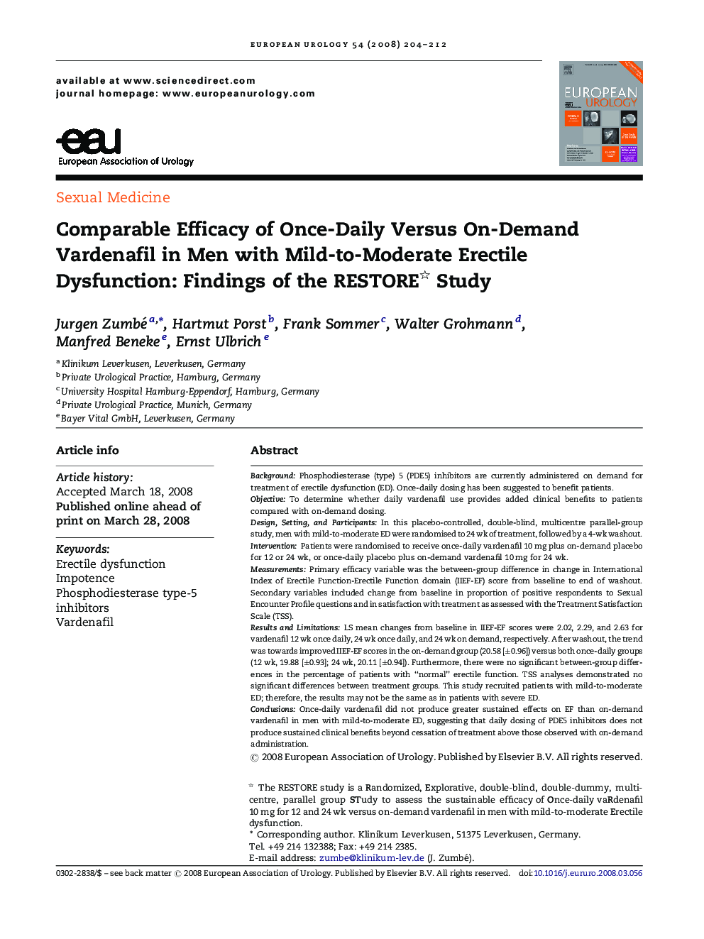 Comparable Efficacy of Once-Daily Versus On-Demand Vardenafil in Men with Mild-to-Moderate Erectile Dysfunction: Findings of the RESTORE Study 