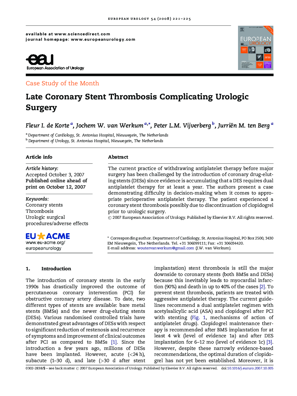 Late Coronary Stent Thrombosis Complicating Urologic Surgery