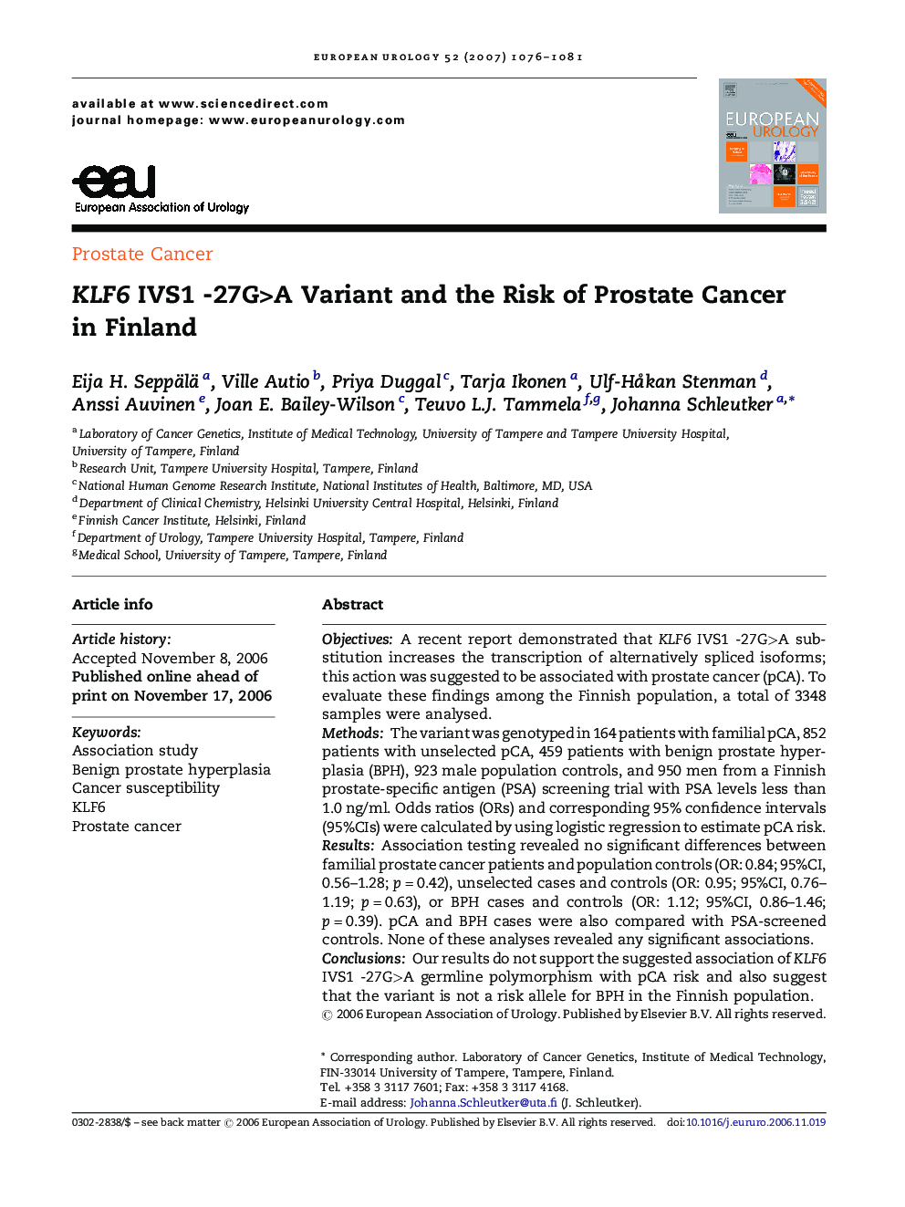 KLF6 IVS1 -27G>A Variant and the Risk of Prostate Cancer in Finland