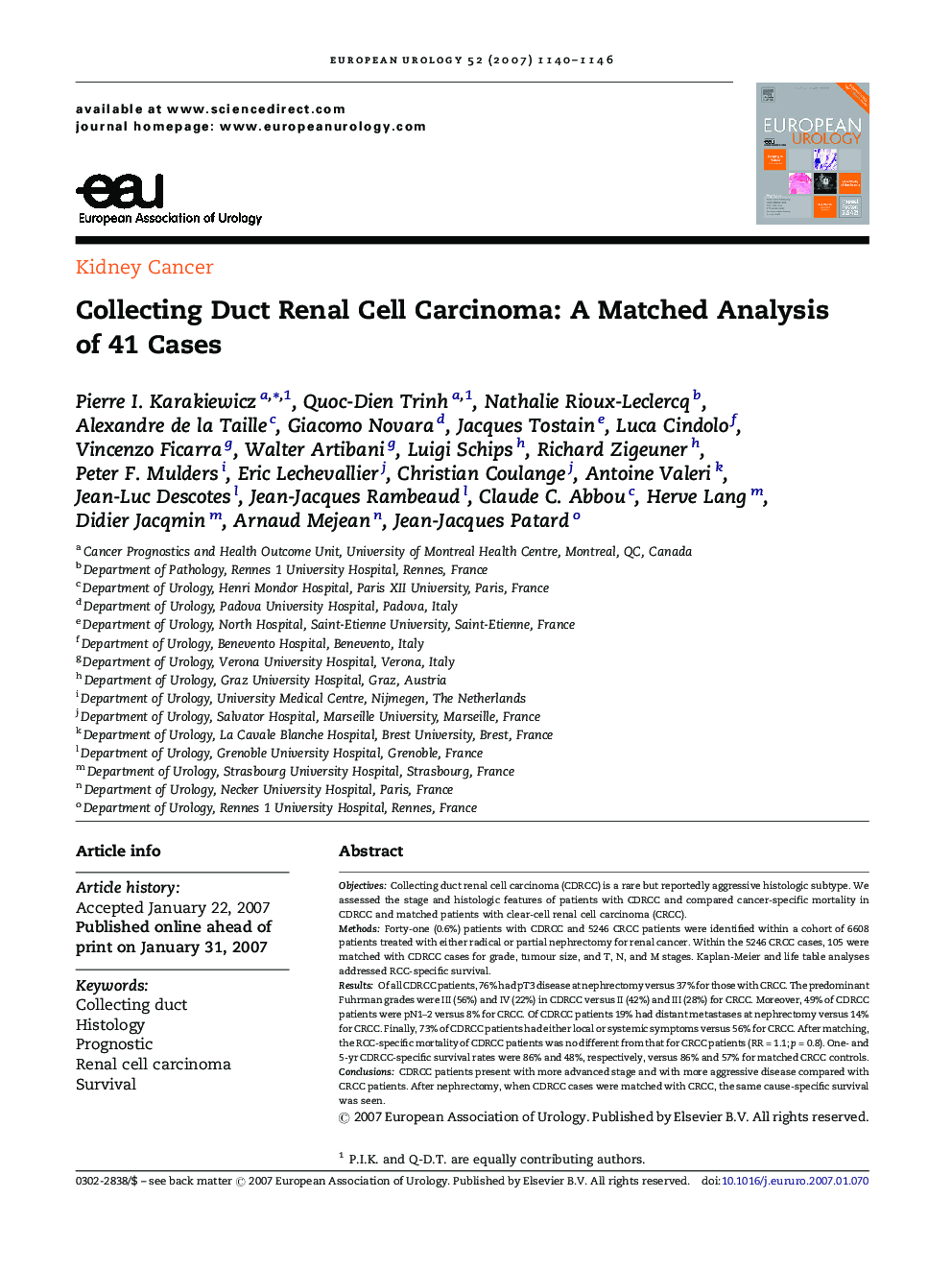 Collecting Duct Renal Cell Carcinoma: A Matched Analysis of 41 Cases