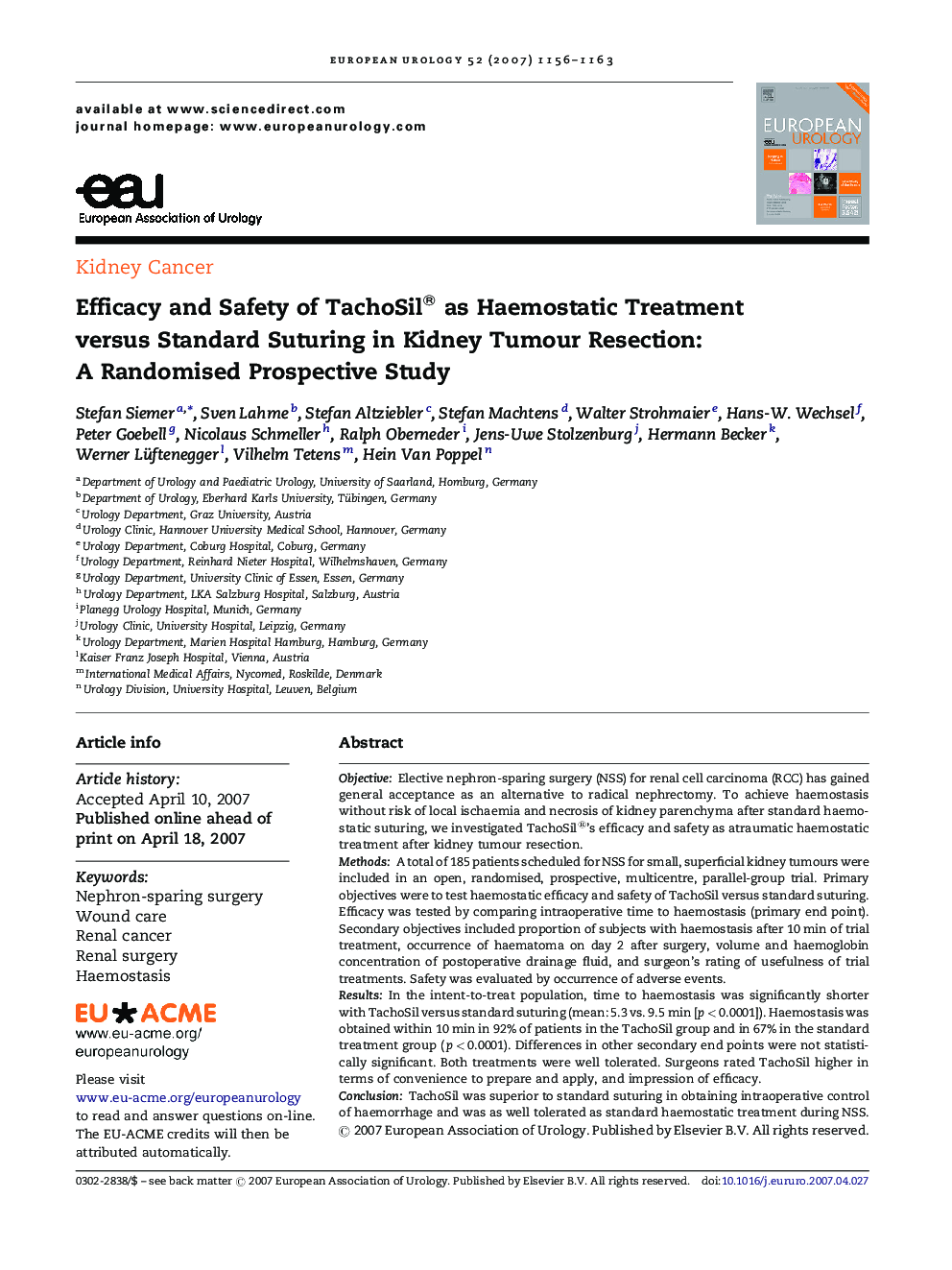 Efficacy and Safety of TachoSil® as Haemostatic Treatment versus Standard Suturing in Kidney Tumour Resection: A Randomised Prospective Study 