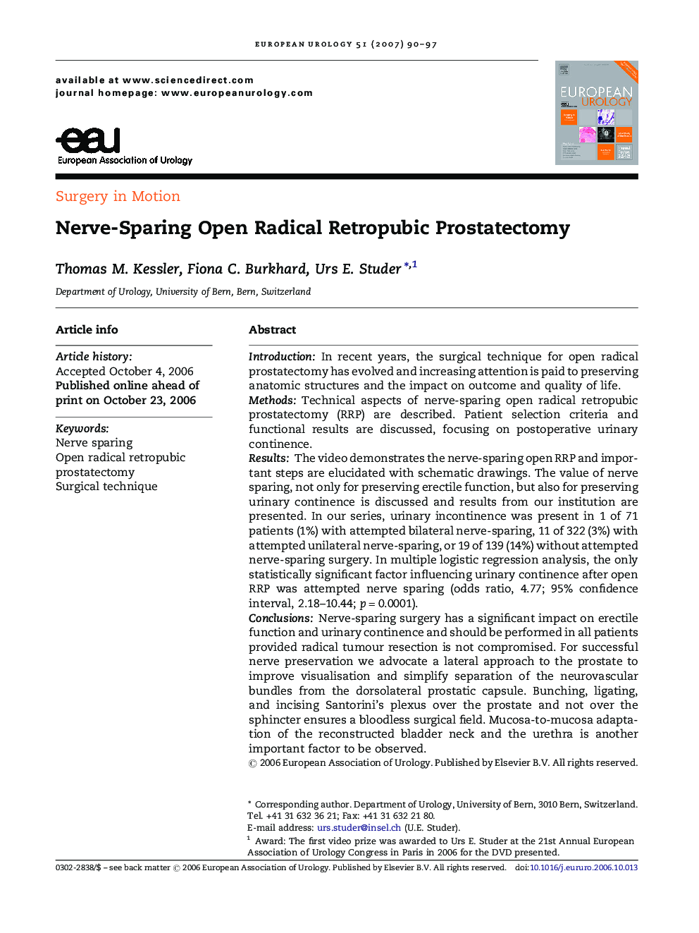 Nerve-Sparing Open Radical Retropubic Prostatectomy