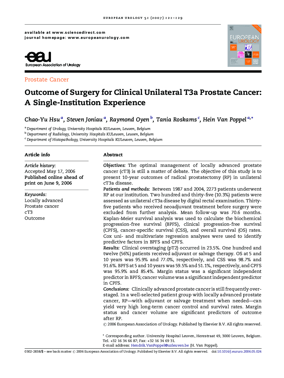 Outcome of Surgery for Clinical Unilateral T3a Prostate Cancer: A Single-Institution Experience