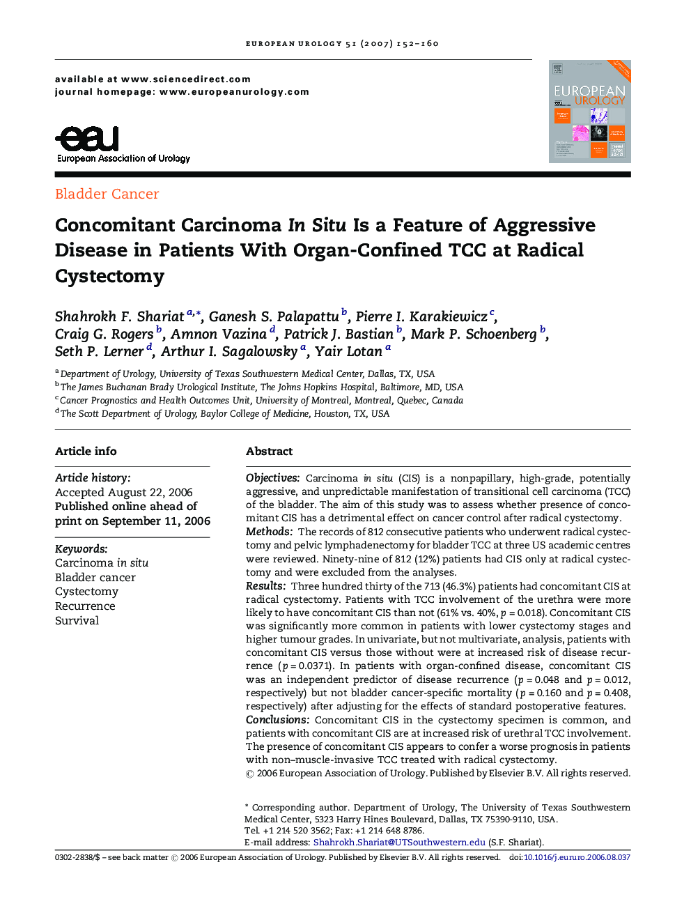 Concomitant Carcinoma In Situ Is a Feature of Aggressive Disease in Patients With Organ-Confined TCC at Radical Cystectomy