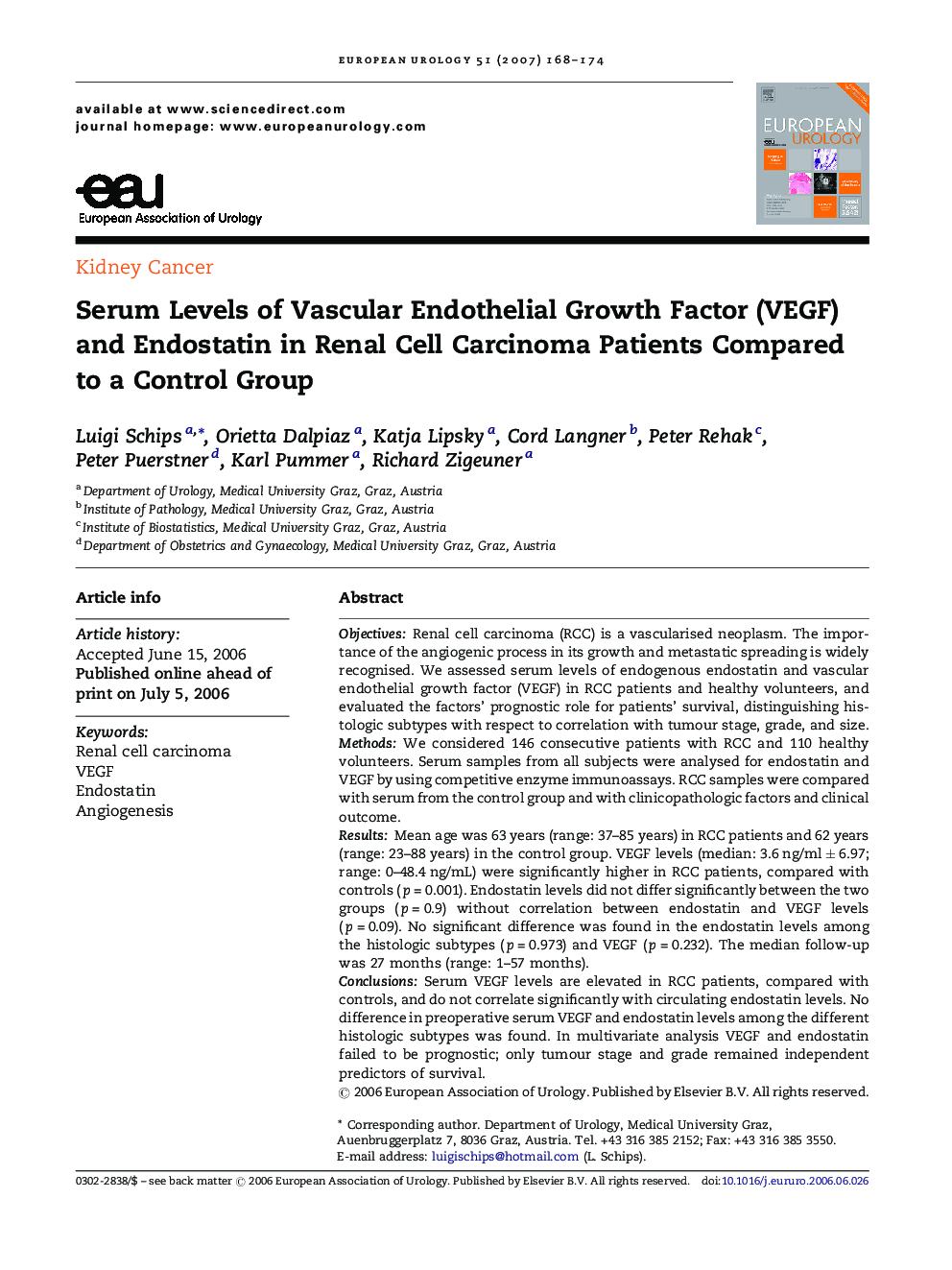 Serum Levels of Vascular Endothelial Growth Factor (VEGF) and Endostatin in Renal Cell Carcinoma Patients Compared to a Control Group