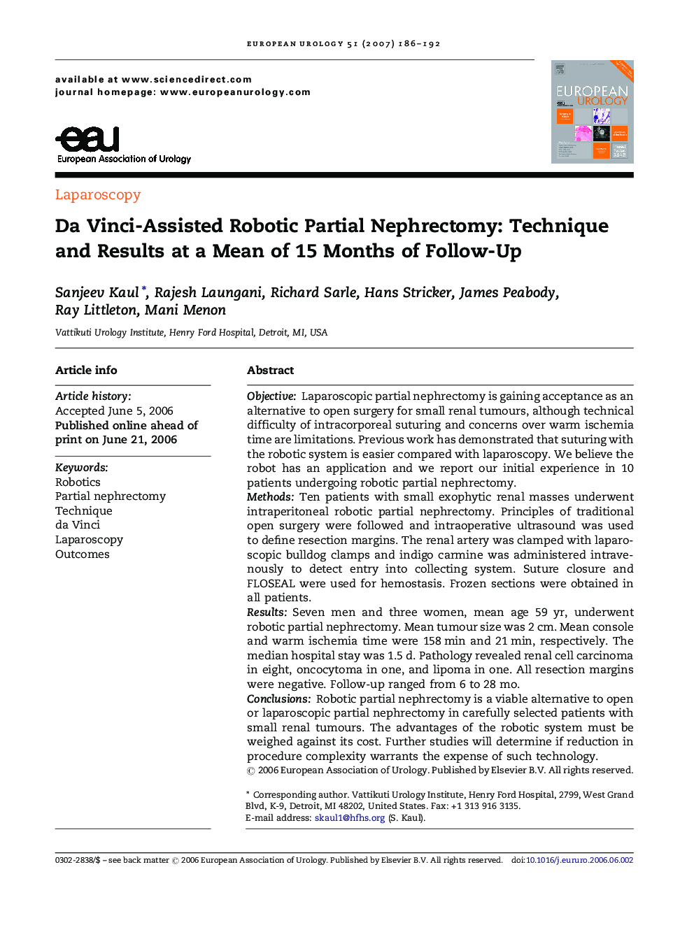 Da Vinci-Assisted Robotic Partial Nephrectomy: Technique and Results at a Mean of 15 Months of Follow-Up