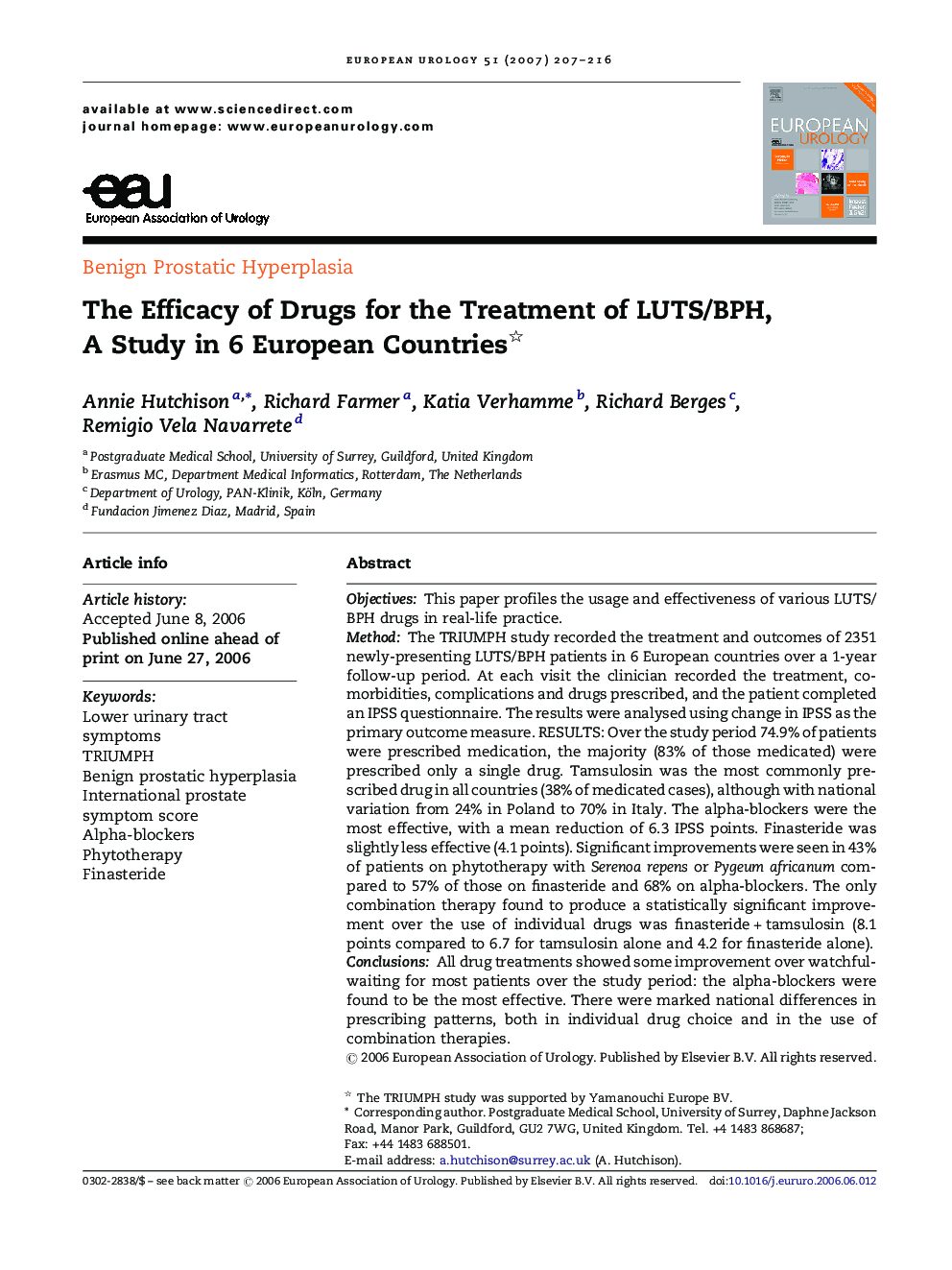 The Efficacy of Drugs for the Treatment of LUTS/BPH, A Study in 6 European Countries 