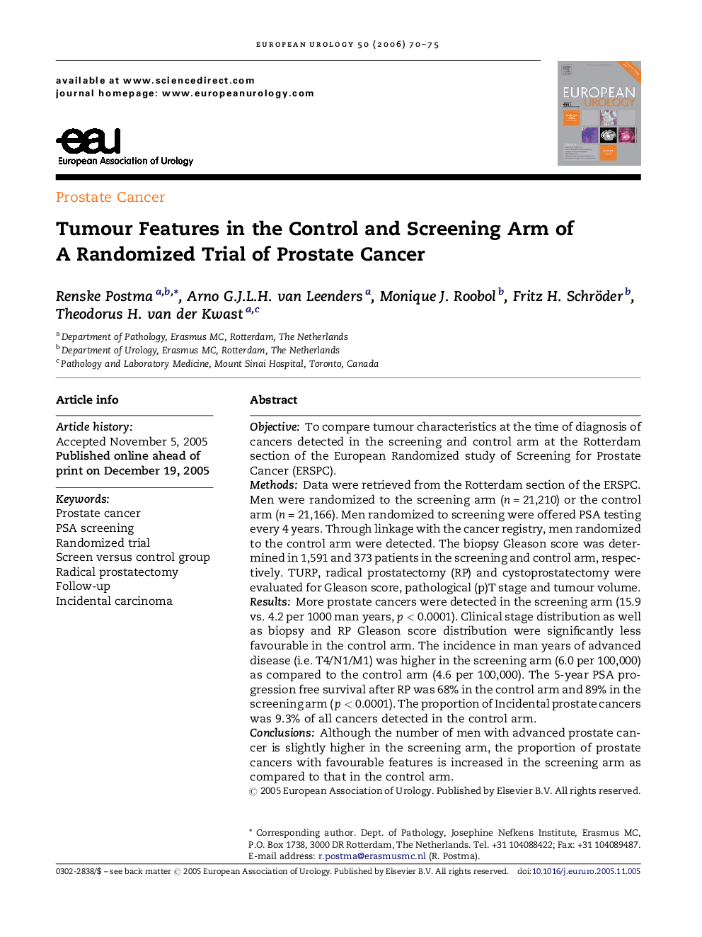 Tumour Features in the Control and Screening Arm of A Randomized Trial of Prostate Cancer