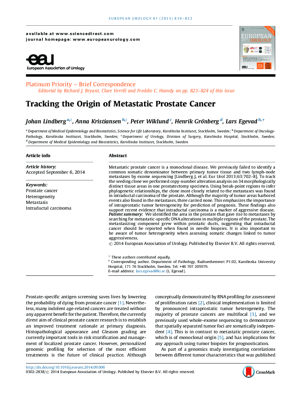 Tracking the Origin of Metastatic Prostate Cancer