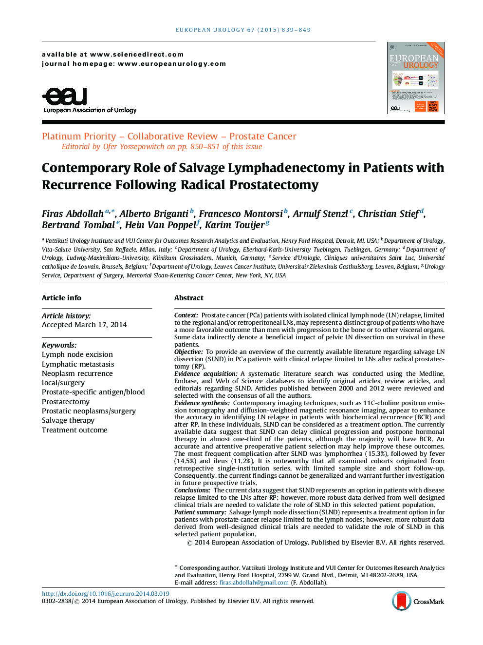 Contemporary Role of Salvage Lymphadenectomy in Patients with Recurrence Following Radical Prostatectomy