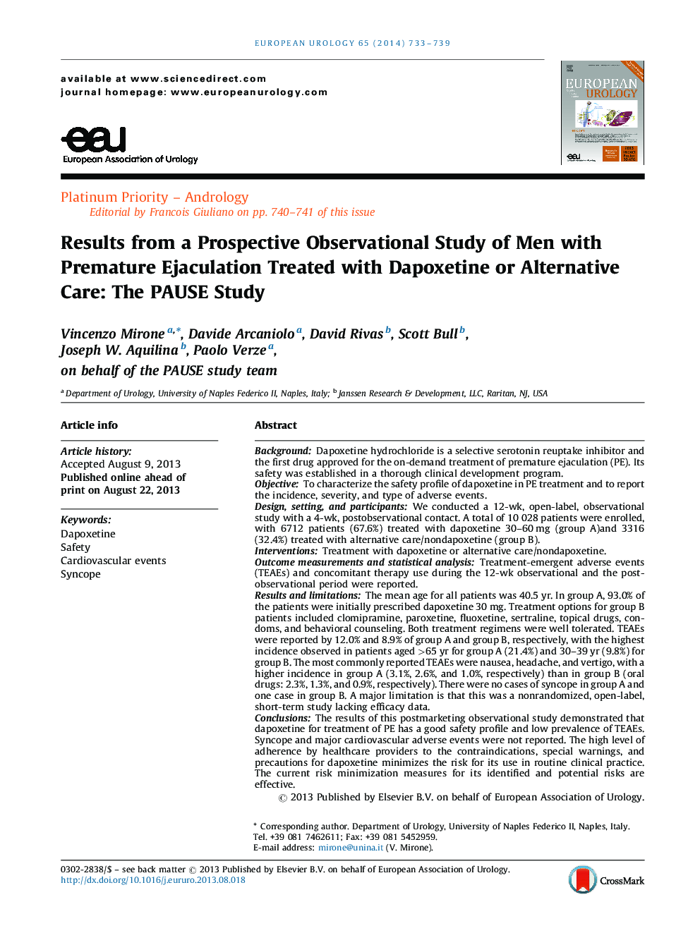 Results from a Prospective Observational Study of Men with Premature Ejaculation Treated with Dapoxetine or Alternative Care: The PAUSE Study