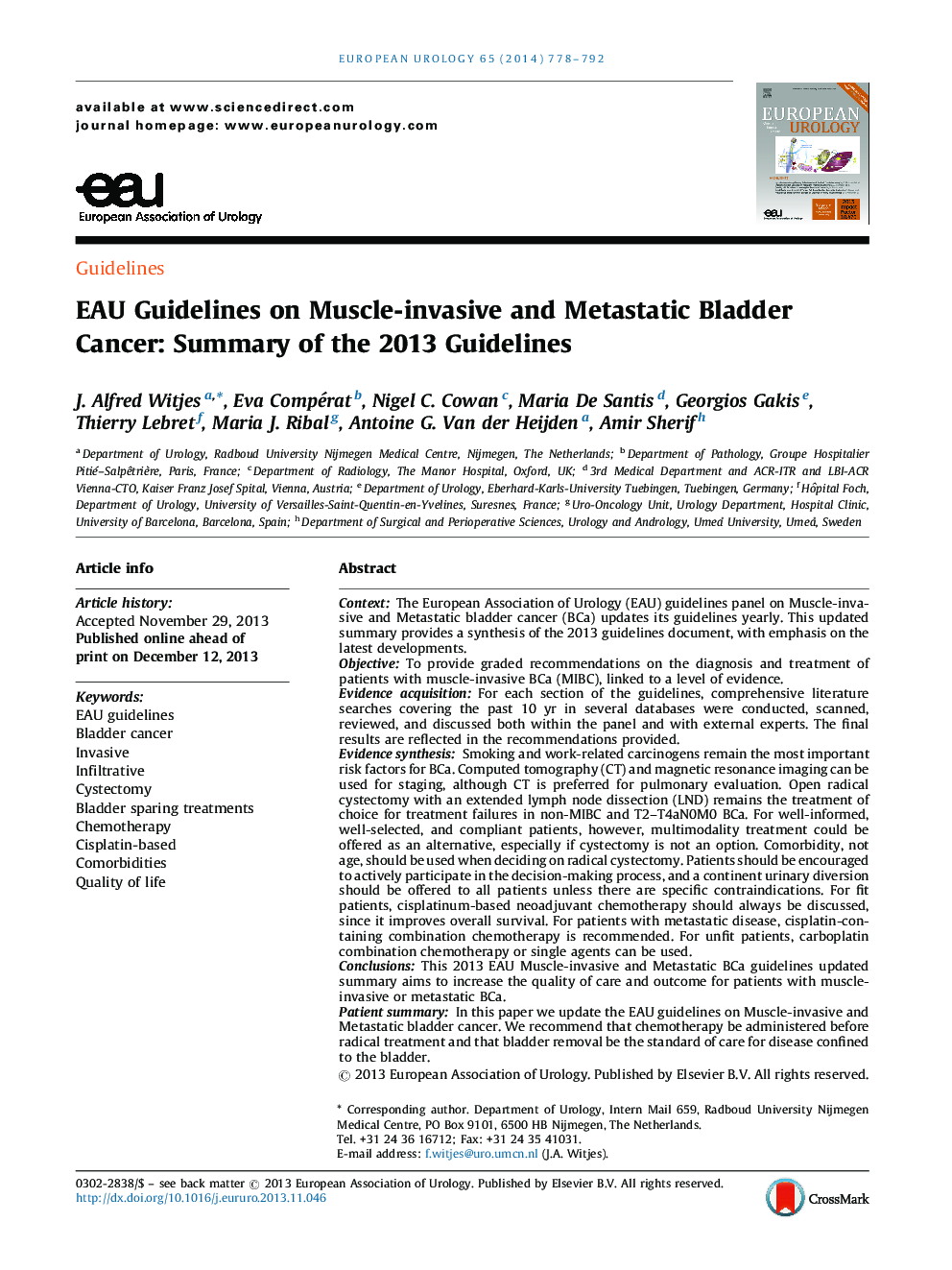 EAU Guidelines on Muscle-invasive and Metastatic Bladder Cancer: Summary of the 2013 Guidelines