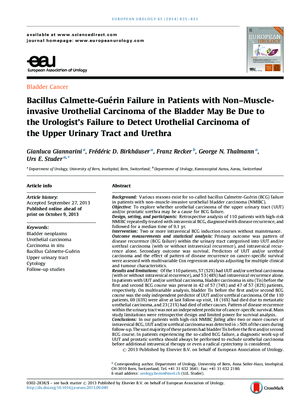 Bacillus Calmette-Guérin Failure in Patients with Non–Muscle-invasive Urothelial Carcinoma of the Bladder May Be Due to the Urologist's Failure to Detect Urothelial Carcinoma of the Upper Urinary Tract and Urethra
