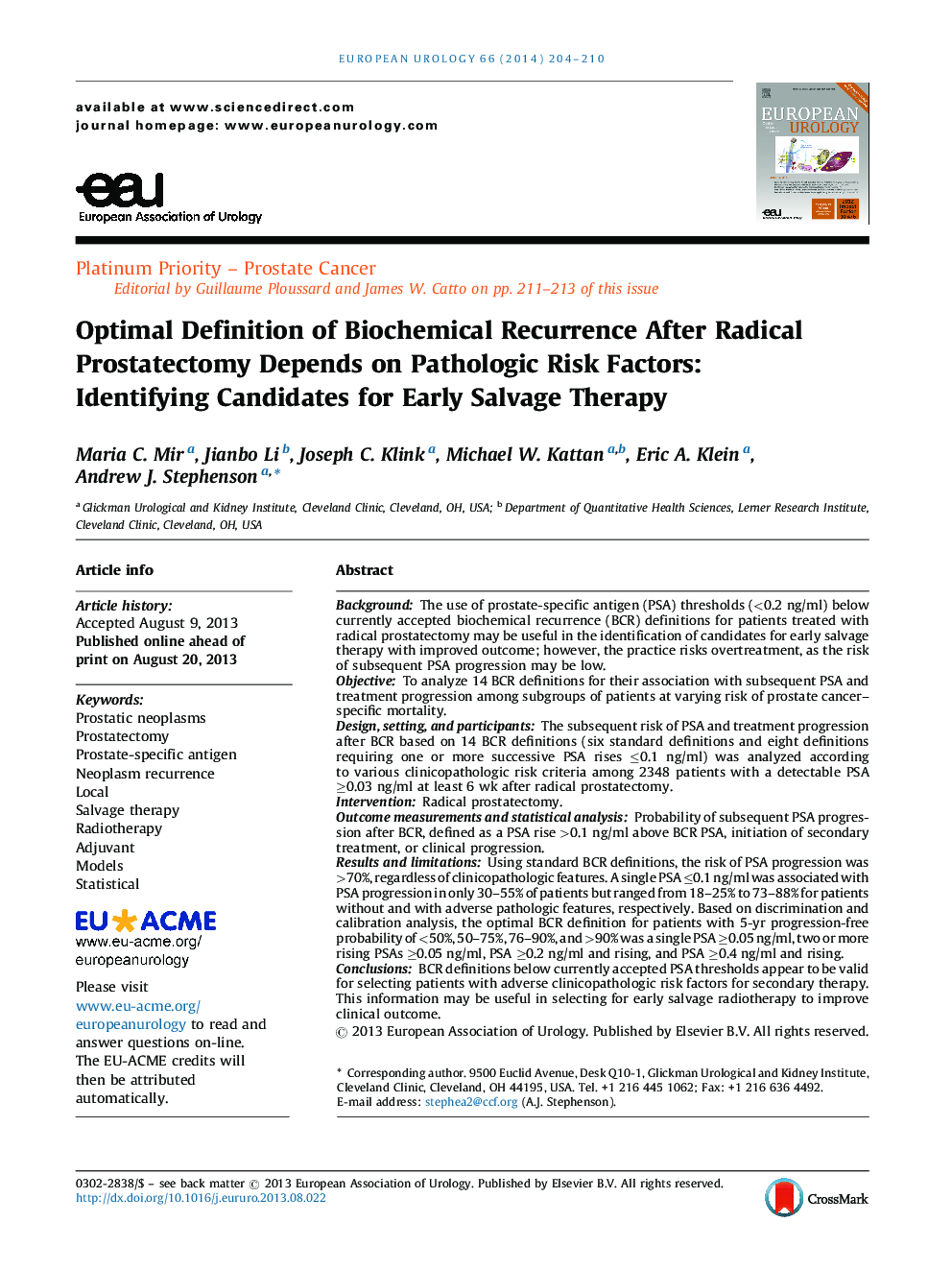 Optimal Definition of Biochemical Recurrence After Radical Prostatectomy Depends on Pathologic Risk Factors: Identifying Candidates for Early Salvage Therapy 