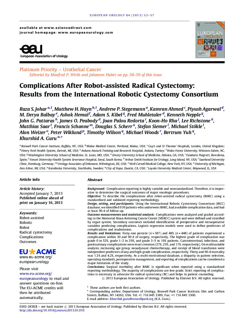 Complications After Robot-assisted Radical Cystectomy: Results from the International Robotic Cystectomy Consortium 