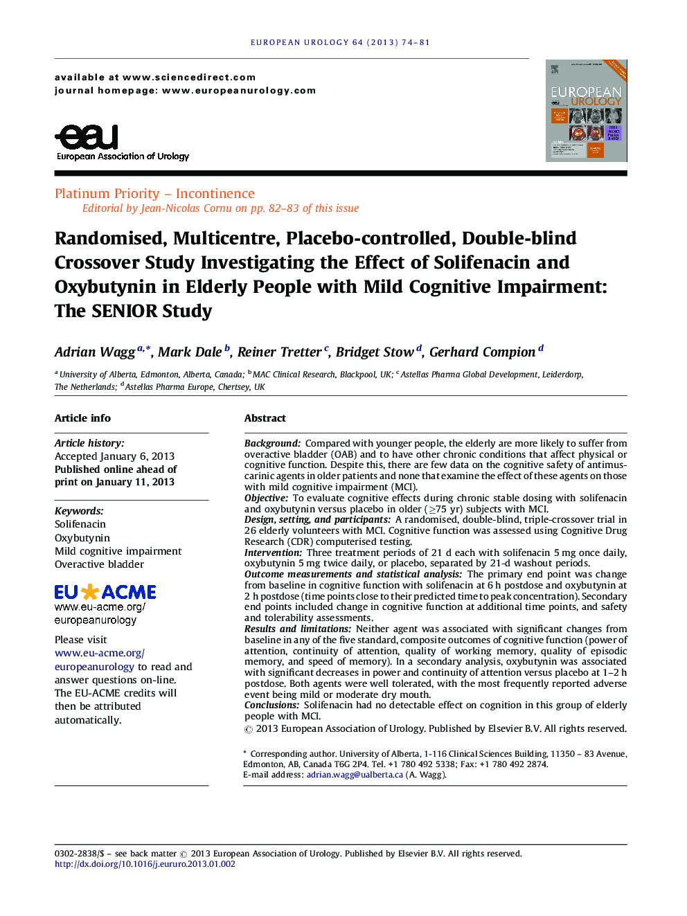 Randomised, Multicentre, Placebo-controlled, Double-blind Crossover Study Investigating the Effect of Solifenacin and Oxybutynin in Elderly People with Mild Cognitive Impairment: The SENIOR Study 