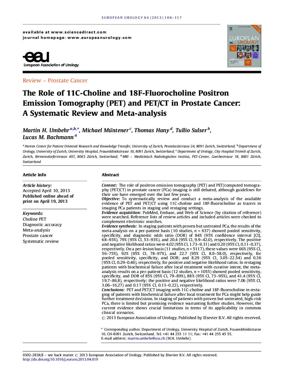 The Role of 11C-Choline and 18F-Fluorocholine Positron Emission Tomography (PET) and PET/CT in Prostate Cancer: A Systematic Review and Meta-analysis