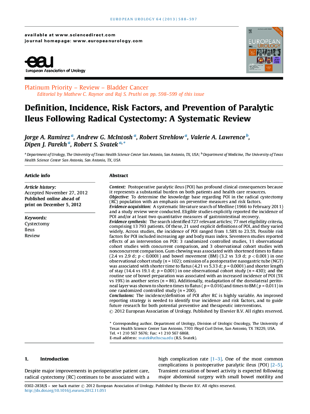 Definition, Incidence, Risk Factors, and Prevention of Paralytic Ileus Following Radical Cystectomy: A Systematic Review