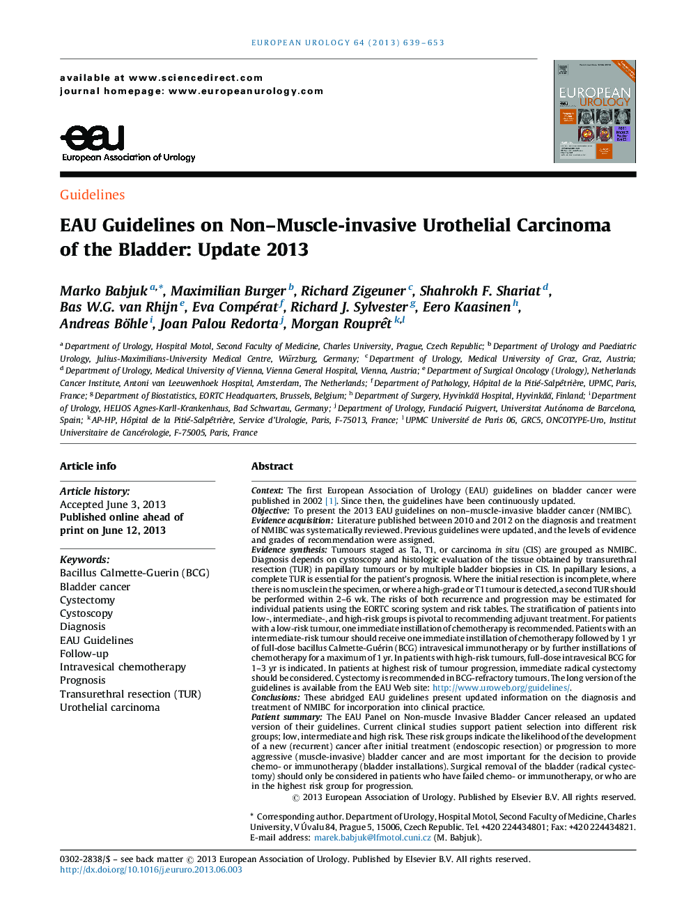 EAU Guidelines on Non–Muscle-invasive Urothelial Carcinoma of the Bladder: Update 2013