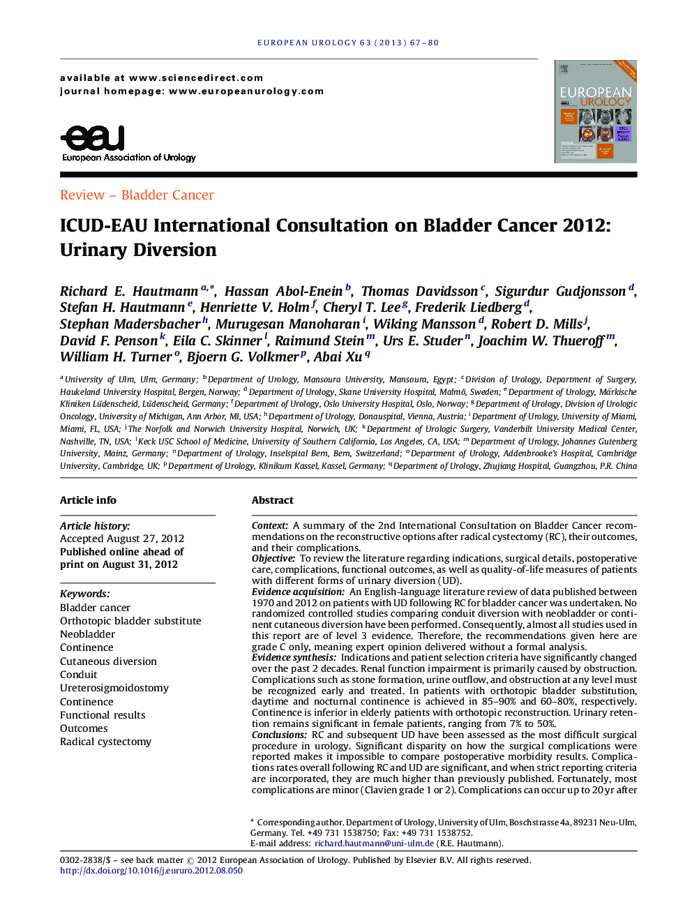 ICUD-EAU International Consultation on Bladder Cancer 2012: Urinary Diversion