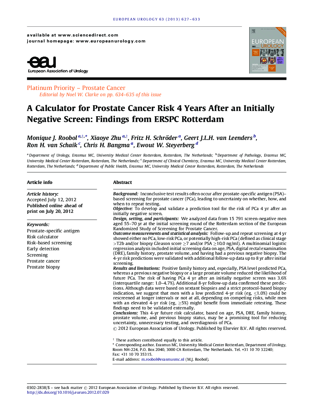 A Calculator for Prostate Cancer Risk 4 Years After an Initially Negative Screen: Findings from ERSPC Rotterdam