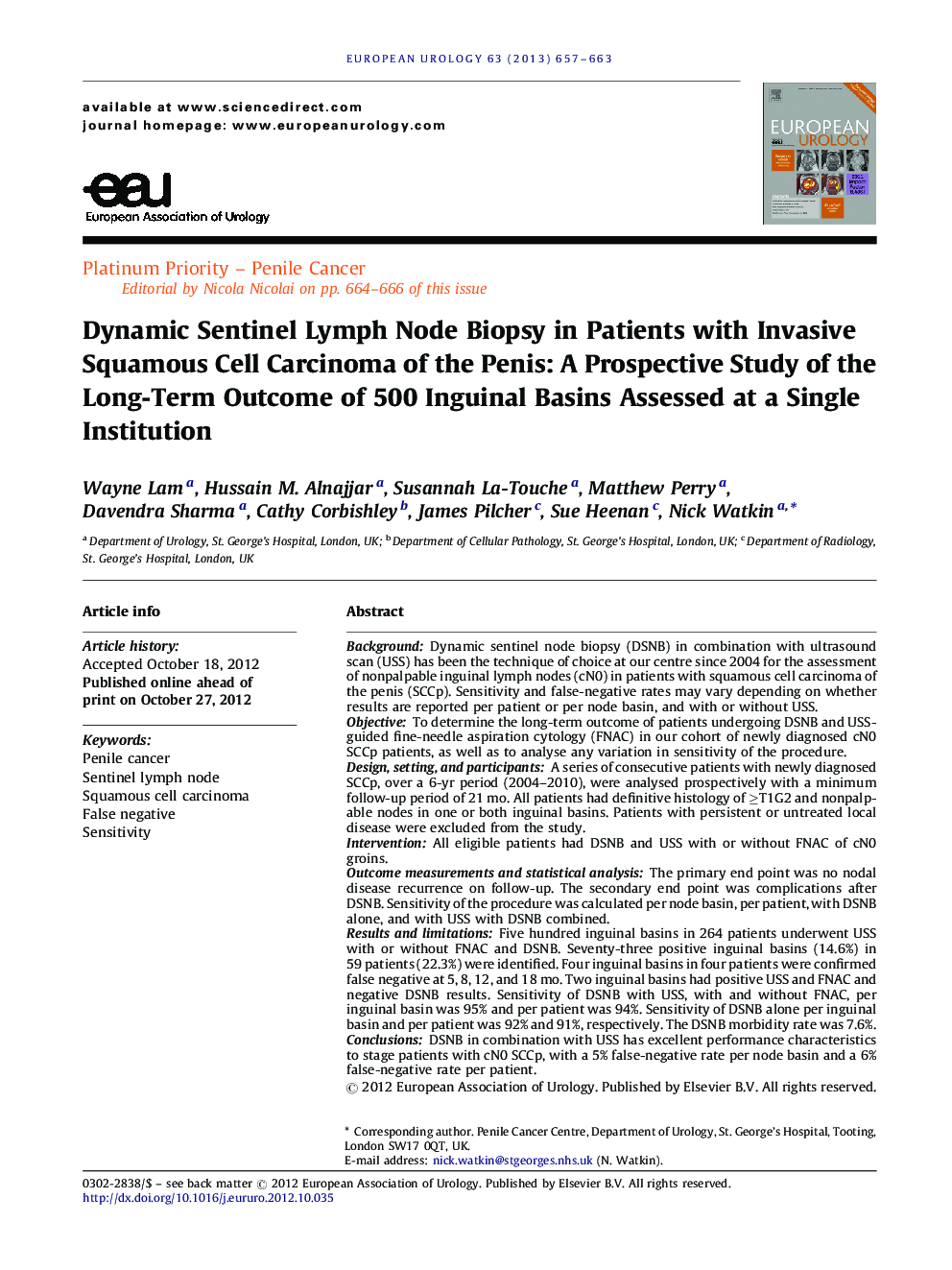 Dynamic Sentinel Lymph Node Biopsy in Patients with Invasive Squamous Cell Carcinoma of the Penis: A Prospective Study of the Long-Term Outcome of 500 Inguinal Basins Assessed at a Single Institution