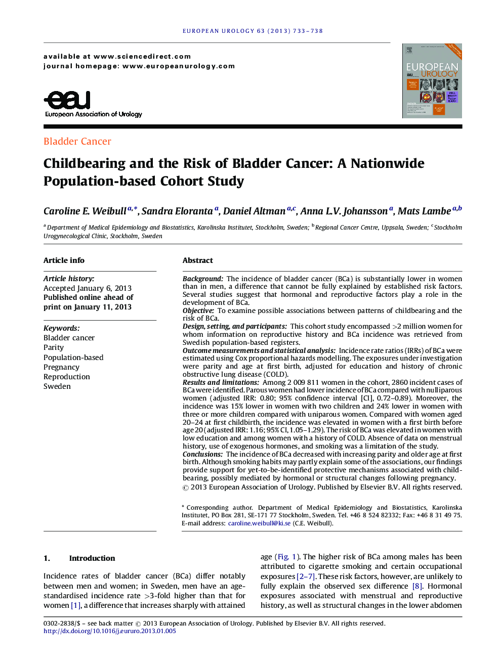 Childbearing and the Risk of Bladder Cancer: A Nationwide Population-based Cohort Study